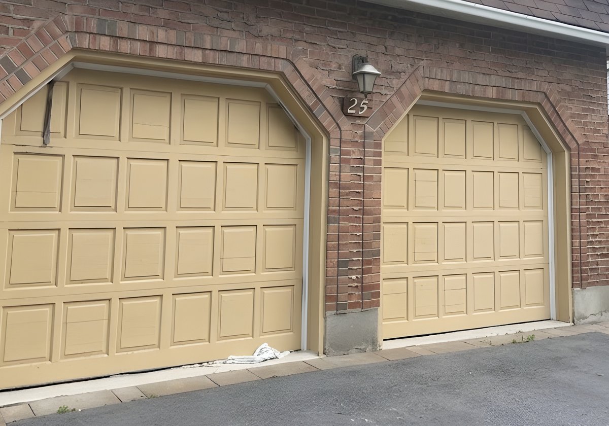 Deux vieilles portes de garage beiges défraîchies sur une maison de brique, avant leur remplacement